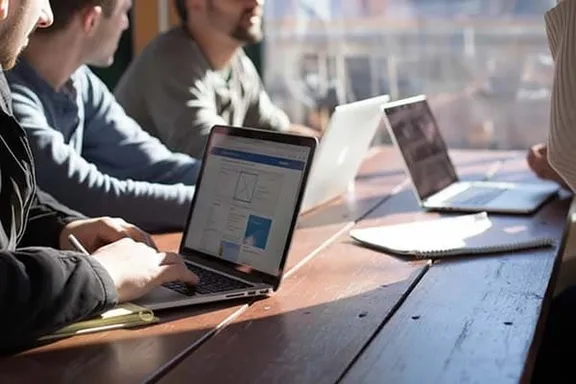 Personas trabajando con laptops alrededor de una mesa en una oficina.